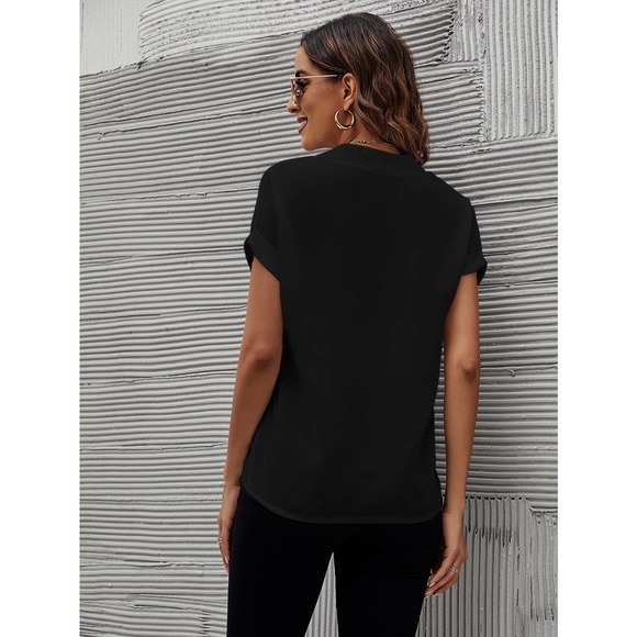 Notched V Neck Dolman Short Sleeve Minimalist Boho Blouse Black - Picture 2 of 4